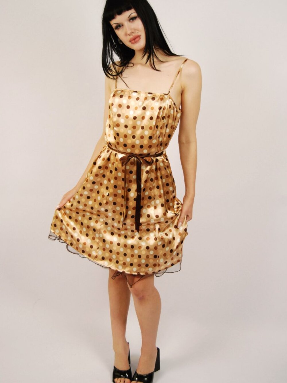 Y2K Polka Dot Mini Gown (11) tan vintage prom homecoming dance tulle petticoat